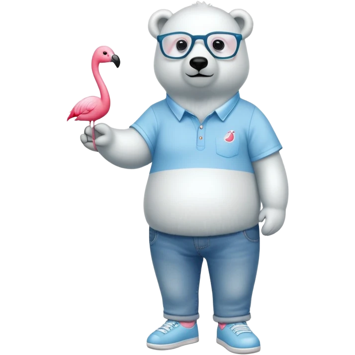 friendly anthropomorphised polar bear standing upright, chilled and unbothered, wearing a shirt, jeans, trainers, glasses decorated with small flamingo figures emoji