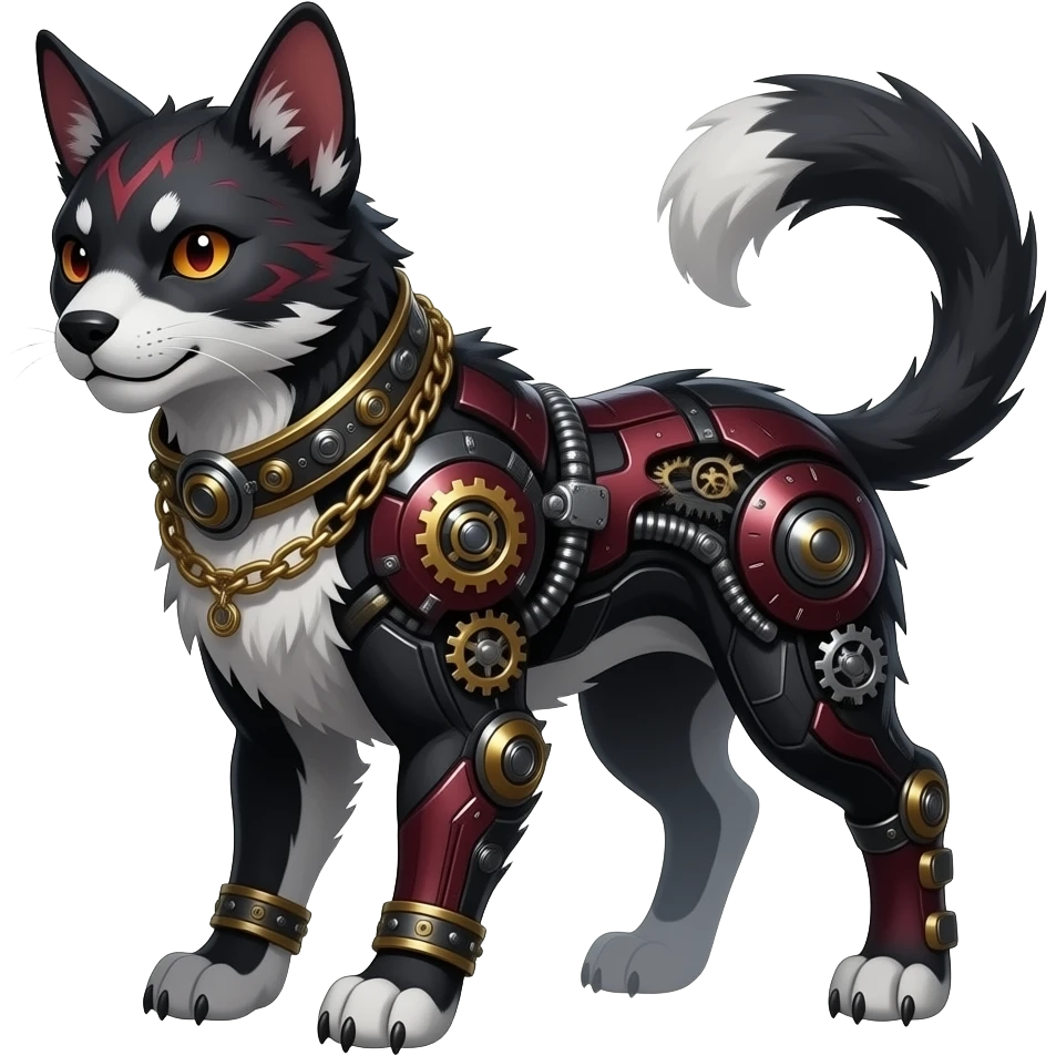 Mature quadrupedal Epic majestic complex  glorious futuristic detailed dark dusky gloomy deep gothic sanguine-blood-maroon-black-white, realistic Fakémon-Sprigatito-Floragato-Meowscarada-Trico-Sergal-Serval-Vernid-creature (full body) with metal gears and metal collar with gold chains emoji