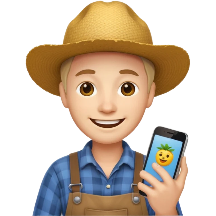 a cheerful farmer emoji showing a smartphone, bright and clear emoji