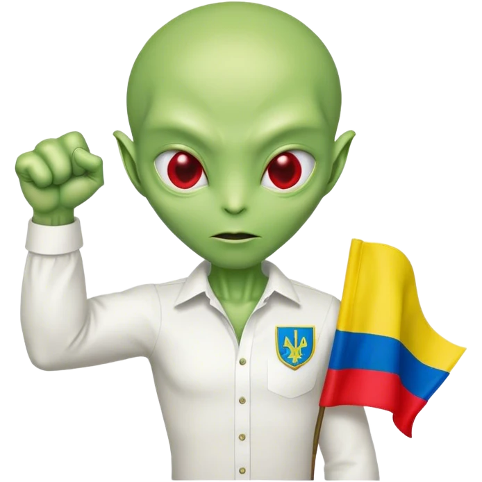 Green alien in Shirt 👚 vyshyvanka, white with red embodiary on sleeved, with 🇺🇦 Ukraine flag in a hand and 💪 emoji