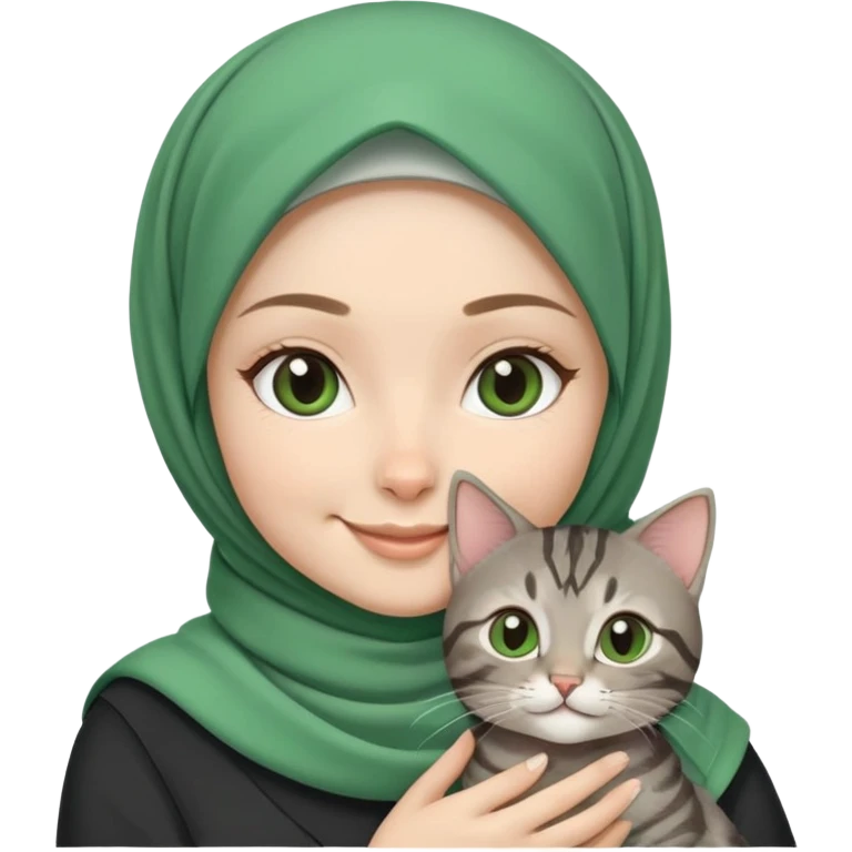 White girl wearing cute green hijab holding a black grey tabby cat while smiling emoji