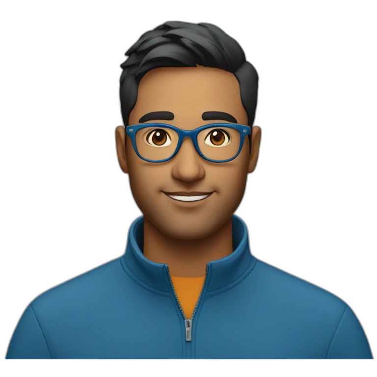 29 year oldindian tech founder clean shaven in blue quarter zip with tortoise glasses emoji