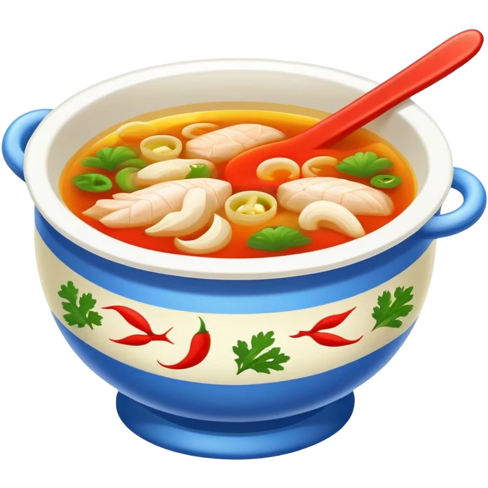 Guizhou sour fish soup with pickled vegetables, simplified emoji style with bold outlines and bright colors, cartoon style spicy sour fish dish emoji