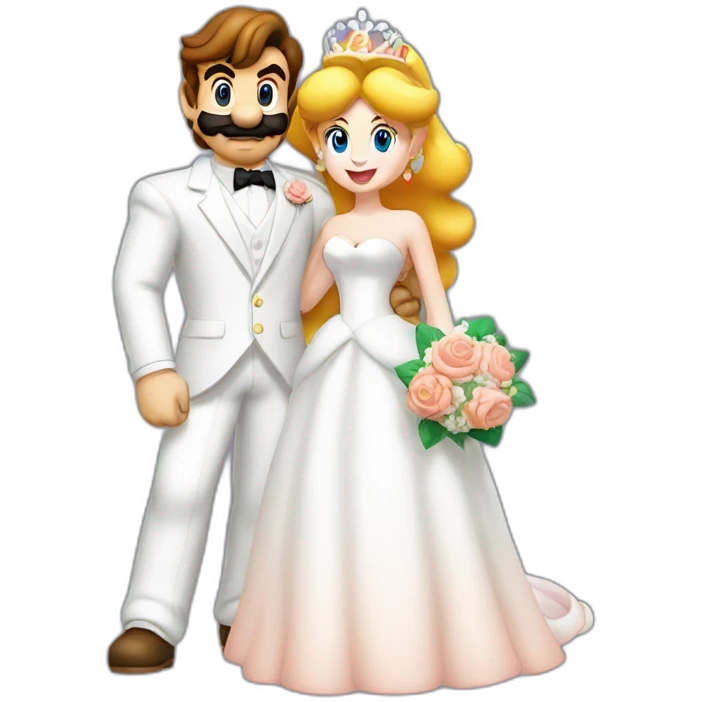 Mario and Princess Peach at their wedding, dressed in wedding attire, with Peach holding a bouquet and Mario in a white suit emoji