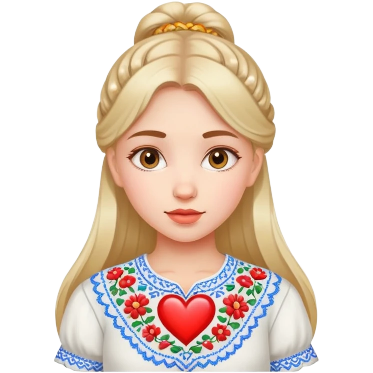 beautiful young girl wearing a white Ukrainian embroidered shirt with a big heart emoji