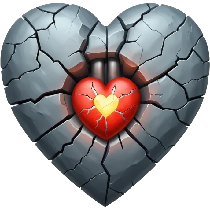 An old and barren grey heart with a small glowing transparent heart inside it emoji