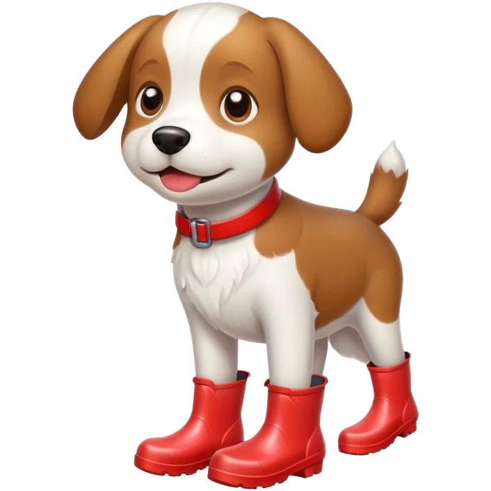 A brown and white dog wearing red rain boots emoji