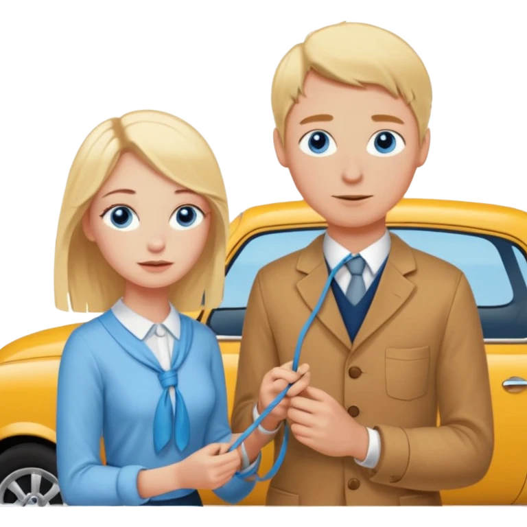 crea un emoji con esos 3 en conjunto👫🏻🪢🚘 & que la chica sea rubia y tenga pecas en la cara y tenga los ojos azules emoji