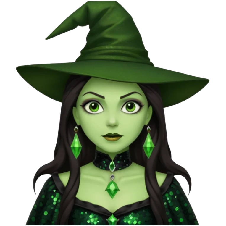 The Wicked Witch from The Land of Oz with green skin, long dark brown hair, black sequin outfit emoji