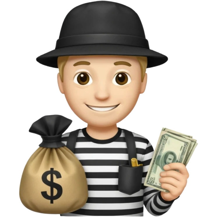 robber with 4 lines of black and white striped shirt and he has a money bag in his hand and a robber hat and he is smiling and he is white emoji