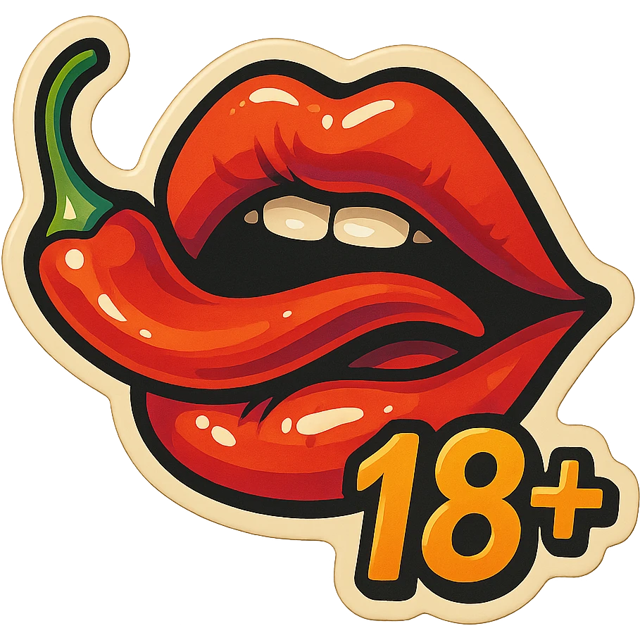 retro sticker-style illustration of lips with a chili pepper in the mouth and '18+' text, juicy, bold, playful, expressive shadows, highlights, sticker-like volume, varied pepper and lip positions emoji