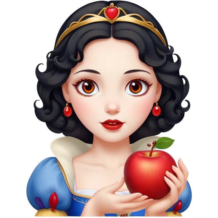 Cinematic Elegant Snow White Portrait Emoji, Delicately holding a red apple, eyes glimmering with mystery, soft curls perfectly placed, her royal presence glowing with a warm, enchanting charm! emoji