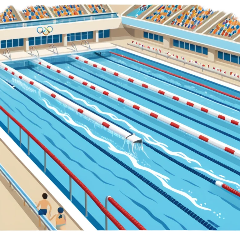 An icon featuring an Olympic swimming pool with multiple lanes and swimmers racing side by side. Splashes and lane dividers highlight the competition atmosphere. Transparent background emphasizes the energy, speed, and intensity of professional swimming events. emoji