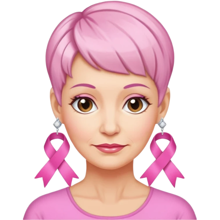 Mature Woman with pixiecut wearing earrings of pink ribbons emoji