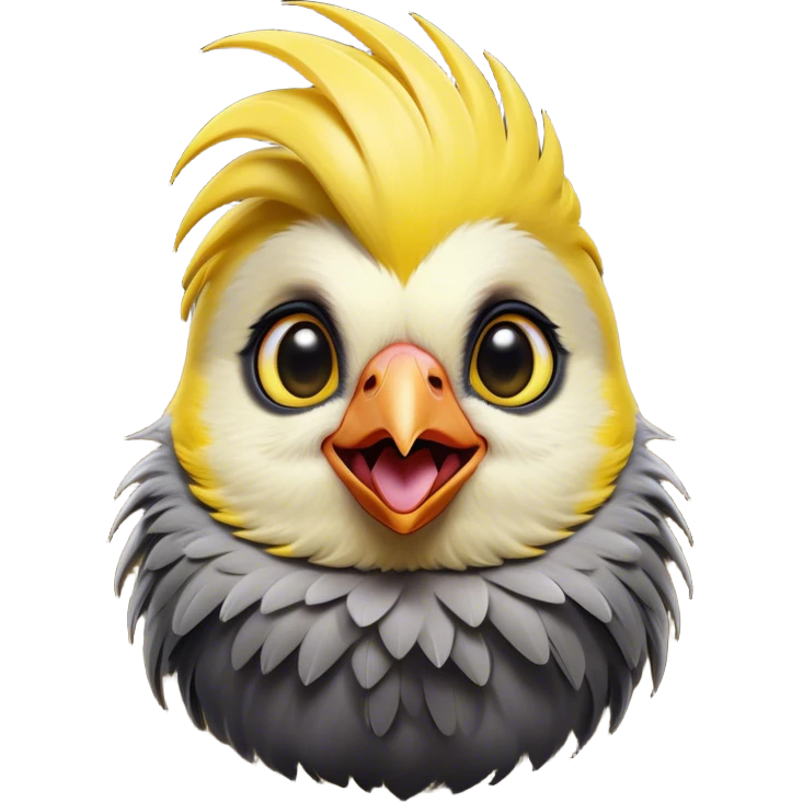 Cinematic Comical Cockatiel Portrait Emoji, Head tilted dramatically with an exaggeratedly amused expression, featuring a striking grey fur with bold yellow accents and a flamboyant crest, wide, expressive dark eyes filled with playful disbelief, Simplified yet hilariously expressive features, highly detailed, glowing with a slightly sassy glow, high shine, dramatic yet playful, stylized with an air of cheeky mischief, bright and endearing, soft glowing outline, capturing the essence of a spirited and over-the-top cockatiel, so meme-worthy it feels like it could side-eye its way into internet fame instantly! emoji