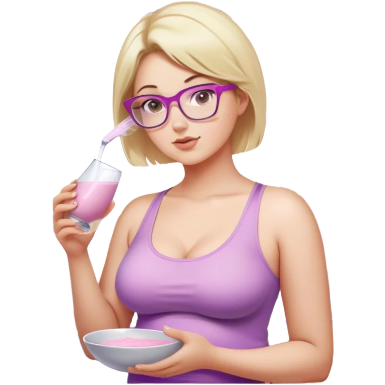 Seductive, Curvy fair skinned woman, short blond hair, small light purple reading glasses, washing dishes, SFW sheer pink tank top, without undergarments showing natural breast shape SFW, black yoga pants, thick booty emoji