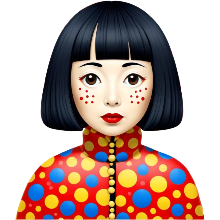 Yayoi Kusama – Cinematic Realistic Portrait of old Japanese artist Yayoi Kusama, depicted as an avant-garde artist with an eccentric, captivating expression surrounded by her iconic polka dot patterns, rendered with vivid textures and imaginative lighting that evokes her unique, surreal creative world. emoji