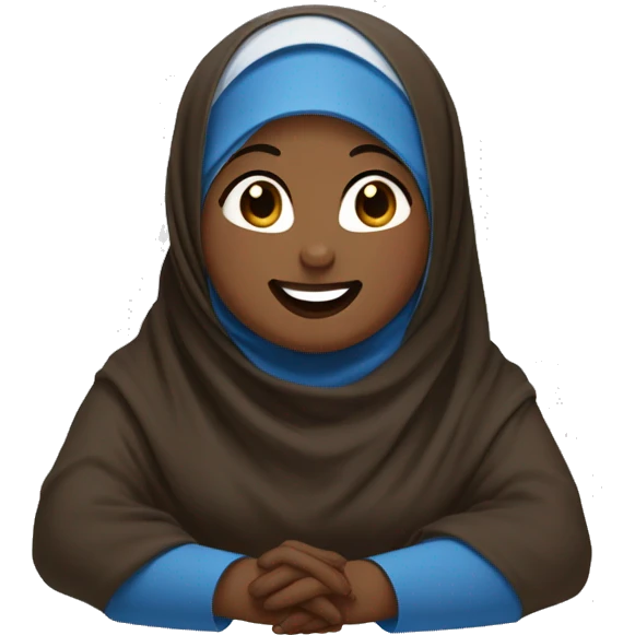 Black chubby Hijabi cry laughing sitting in brown abaya and white and blue hijab emoji