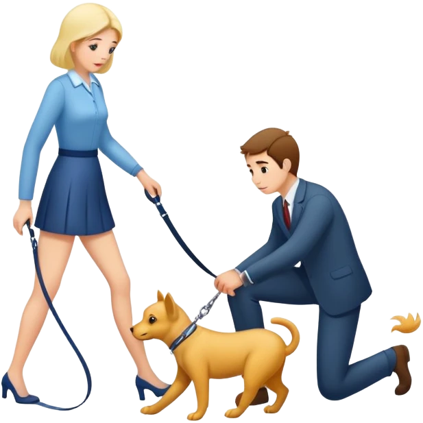 woman walking a man on all fours with a leash emoji