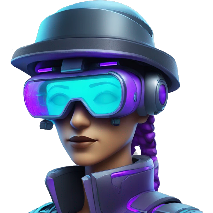 Secret humanoid agent in a futuristic hat with in Apple VR goggles headset code display on the goggles , cyberpunk, cyan and purple colors, only upper body portrait, front facing the camera  emoji