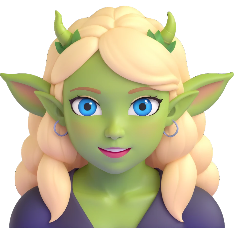 pretty girl with blonde hair, blue eyes, green ogre ears emoji