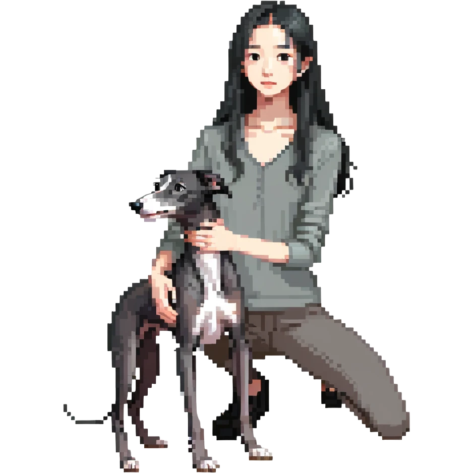 Slim Chinese girl with long black hair petting a dark grey Italian greyhound with a visible grey chest, no white markings anywhere emoji