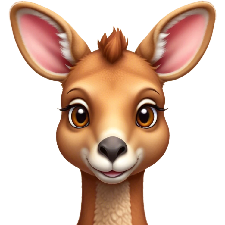 Cinematic Cute Adult Red Kangaroo Portrait Emoji, Head tilted playfully and inquisitively, showcasing a charming, robust build with soft reddish fur and a uniquely camel-like head featuring a gentle, elongated snout and rounded ears, with large, sparkling eyes full of wonder, Simplified yet irresistibly adorable features, highly detailed, glowing with a warm, friendly glow, high shine, affectionate and lively, stylized with a touch of outback whimsy, soft glowing outline, capturing the essence of a mischievous yet loving kangaroo that seems as if it could hop out of the screen into your arms! emoji
