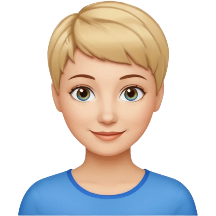 Frau, helle Haut, brauner Pixie schnitt mit blonden Spitzen, blaue Augen, mittleres alter emoji
