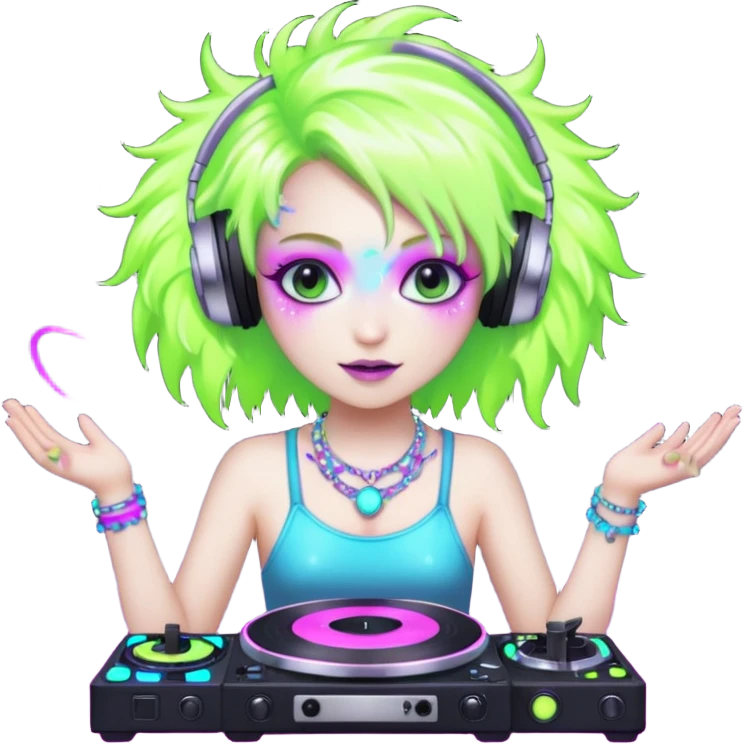  hard-techno-rave-fairy,-holding-a-dj-turntable,-wild-hair,-neon-sparkles,-minimal-background emoji