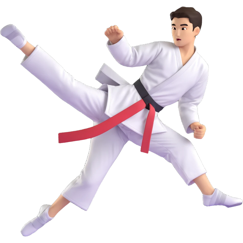 Taekwondo fighter performing a high jump kick, mid-air action, detailed dobok with belt emoji