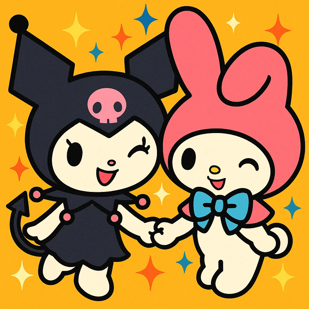 Kuromi and My Melody together, anime style, winking, holding hands, sparkles around them emoji