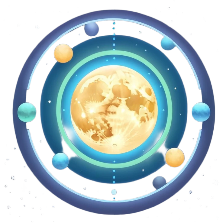 Glowing orb floating above layered moon phases, surrounded by soft rings of light, with tiny stars marking checkpoint points in orbit. emoji