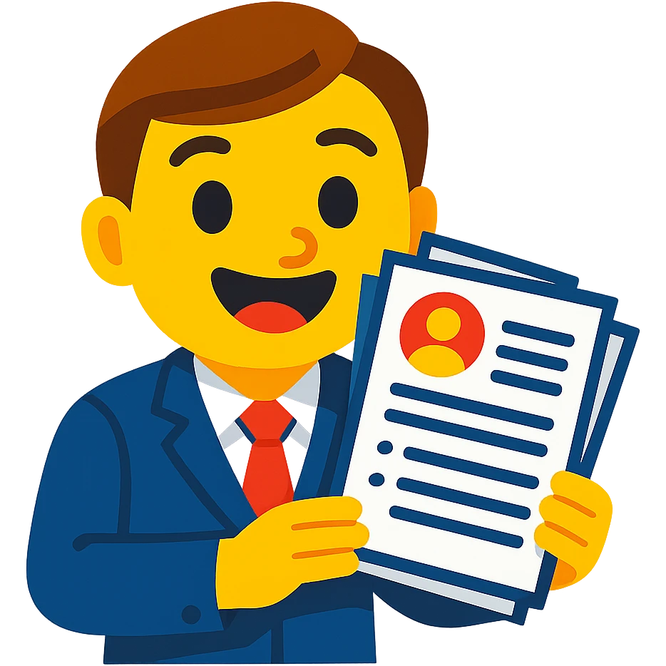 cheerful recruiter emoji holding a stack of resumes emoji
