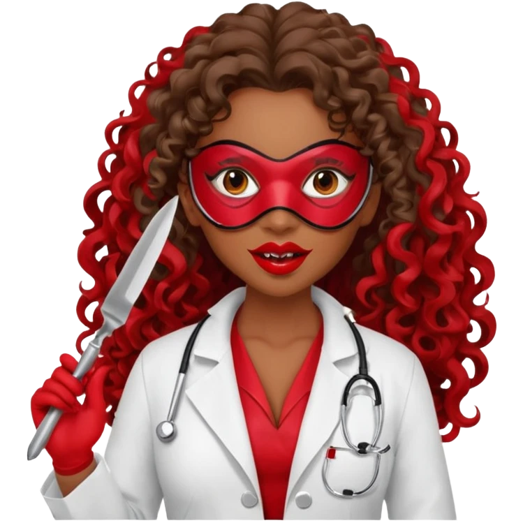Lilith symbol seductress evil woman. She had brown long curly hair.  evil surgeon kills with scalpel wears red sexy doctor coat with red mouth mask  emoji
