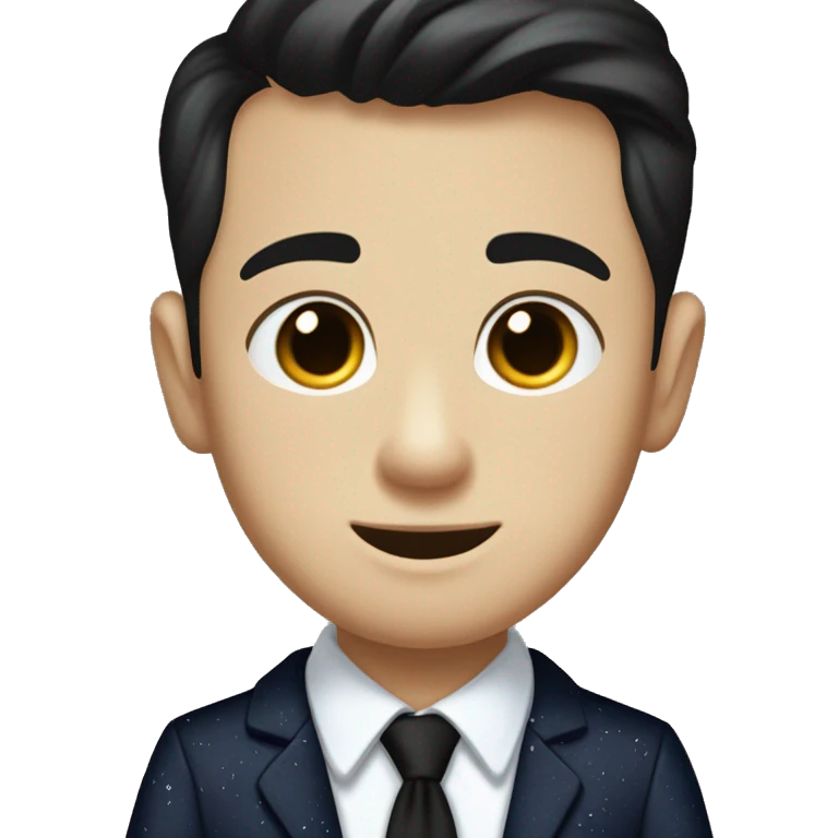 Teenage white boy with brown eyes and black short combover hair in a navy blue dress shirt with a black tie and a black and white speckled corduroy jacket emoji