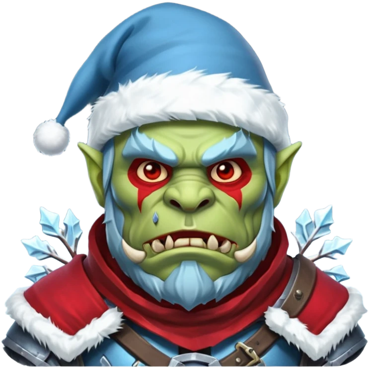
Fantasy Christmas orc legion soldier icon, iron tundra army theme, heavy winter armor, disciplined brutal look, icy blue steel armor with deep crimson accents, frozen metal texture, cold winter atmosphere, male variant emoji