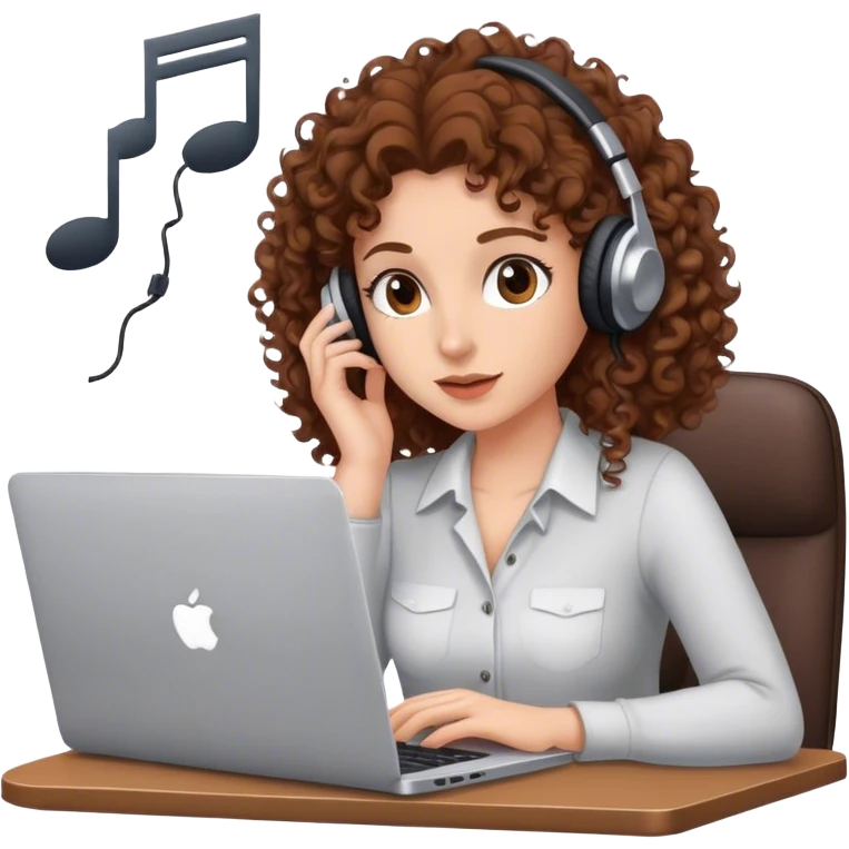 a woman with brown curly hair in an office working with laptop listening to music emoji