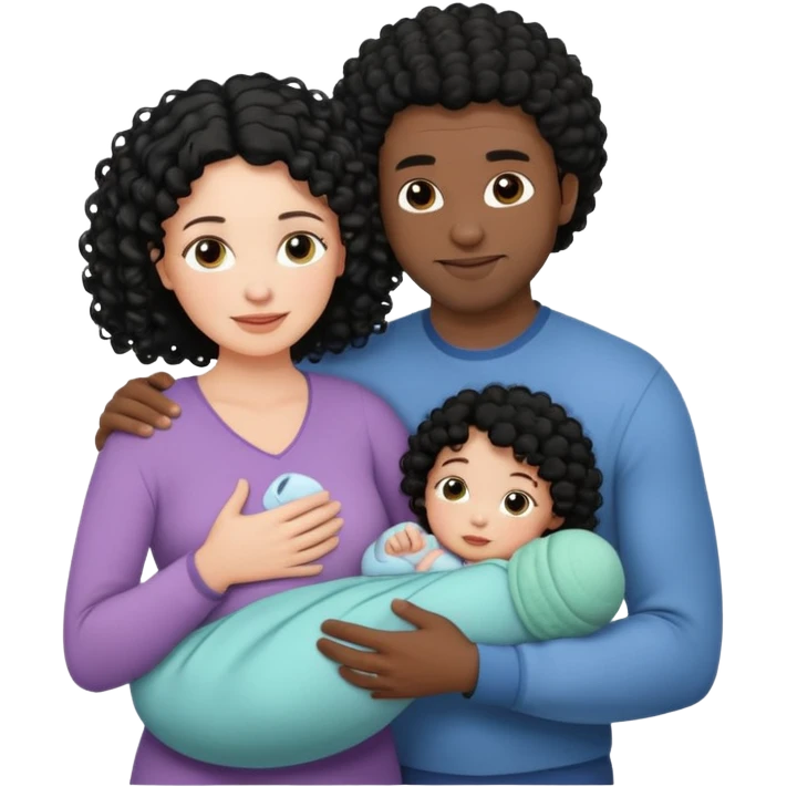 family: white woman curly black hair, black man with short black frizz hair, one 2 y o daughter , and a newborn in the and of the mother emoji