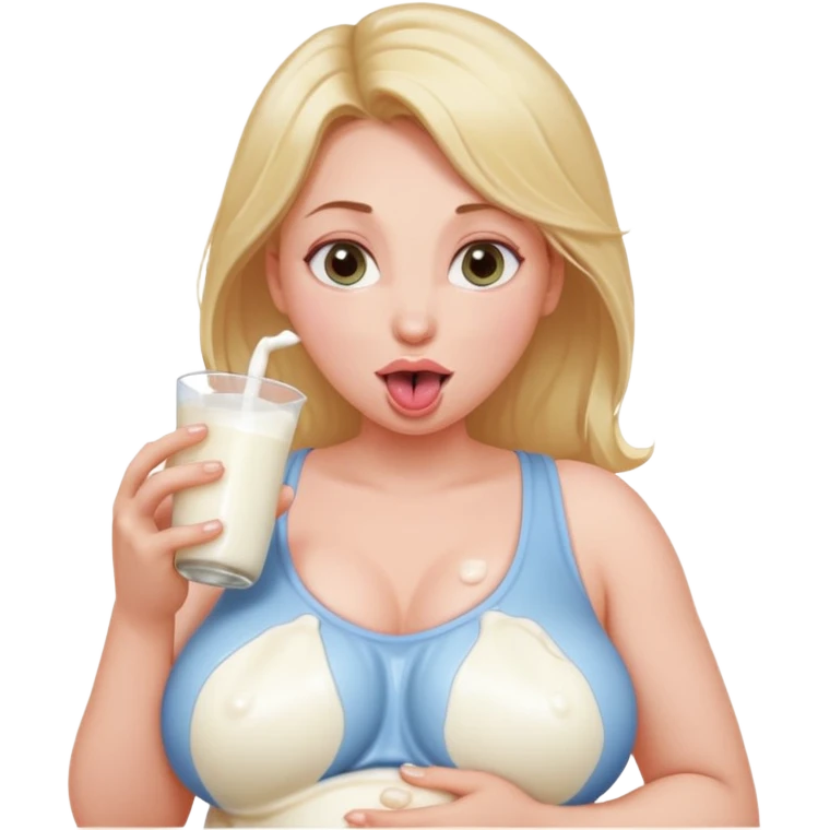 Make a bare skin woman, she has very massive breats and big nipples lactating milk, her eyes rolled up, she opens her mouth to stick her tounge out with saliva. She has wet milk on her chest. emoji