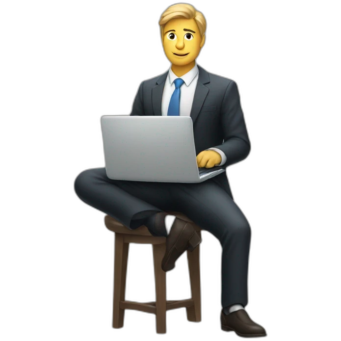 man sitting on stool wearing a suit holding up a laptop emoji