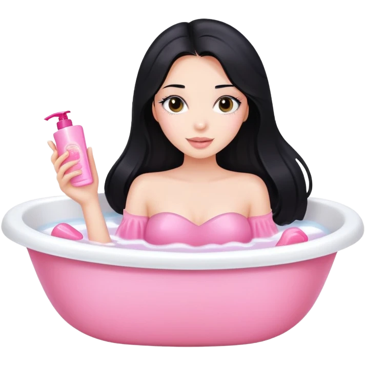 A beautiful girl with a  long black hair in big Bathtub holding pink body products  emoji