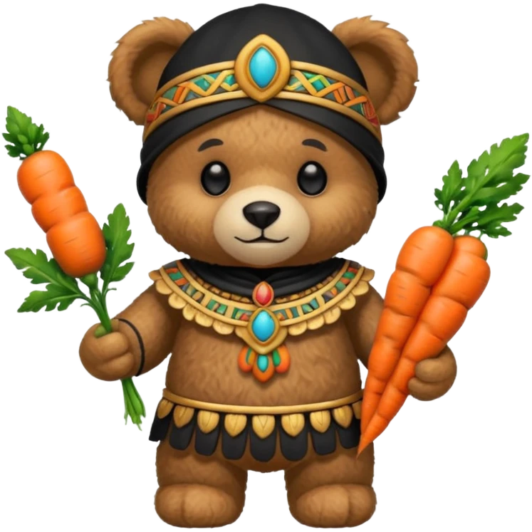 teddy bear, wearing black mayan ancient custome, with carrot half body emoji