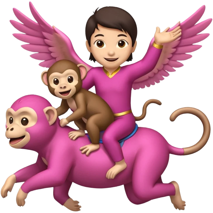 An asian cheater riding a flying pink monkey and other monkies around emoji
