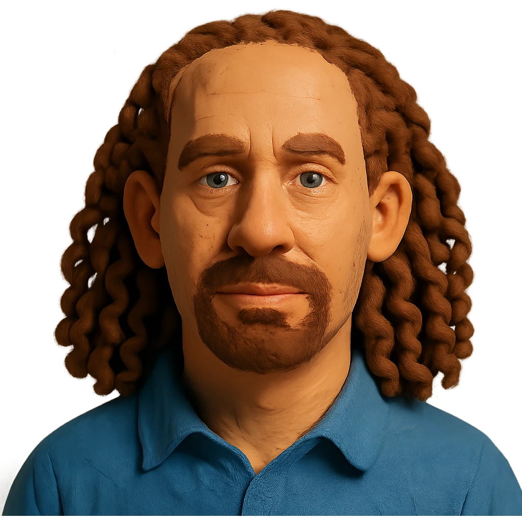 white man in his 40s with long tight curly hair and short sides emoji