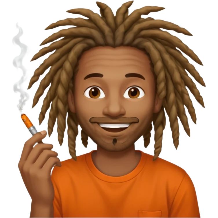 Brownskin man with long dreadlocks orange shirt smoking weed blunt in mouth emoji