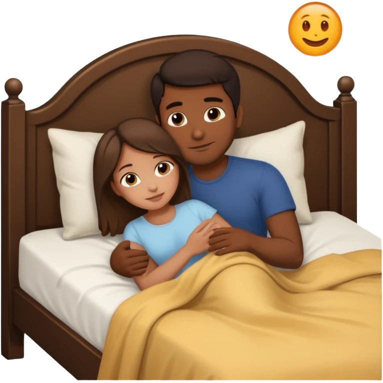 Dark brown guy cuddling brown girl in bed emoji