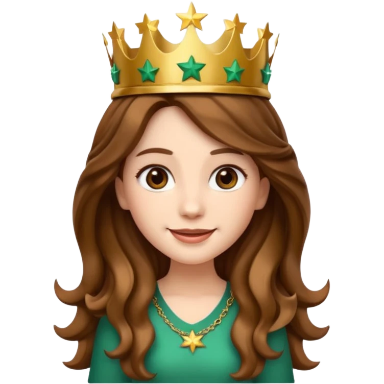 Apple style 3D emoji of a young woman inspired by the Starbucks logo. She has long wavy hair on both sides, a crown with a star on her head, and a soft smile. Smooth, shiny, simple emoji look. emoji