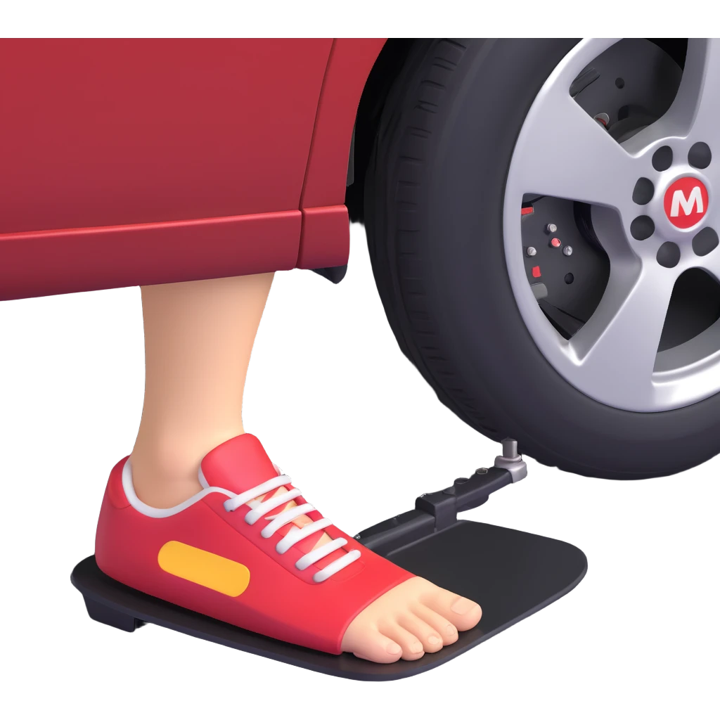 A clean 3D emoji-style illustration of a single right foot pressing down on a car gas pedal. Only the foot and the pedal are shown, viewed from the side. The pedal is slightly tilted to show pressure. No background, simple colors, minimal details emoji