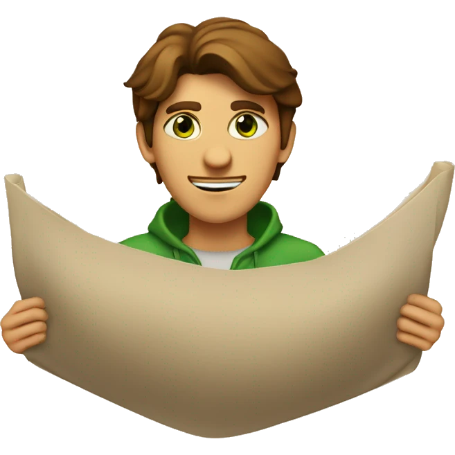 a light-skinned green-eyed man with brown hair sitting in front of the paper scroll  emoji