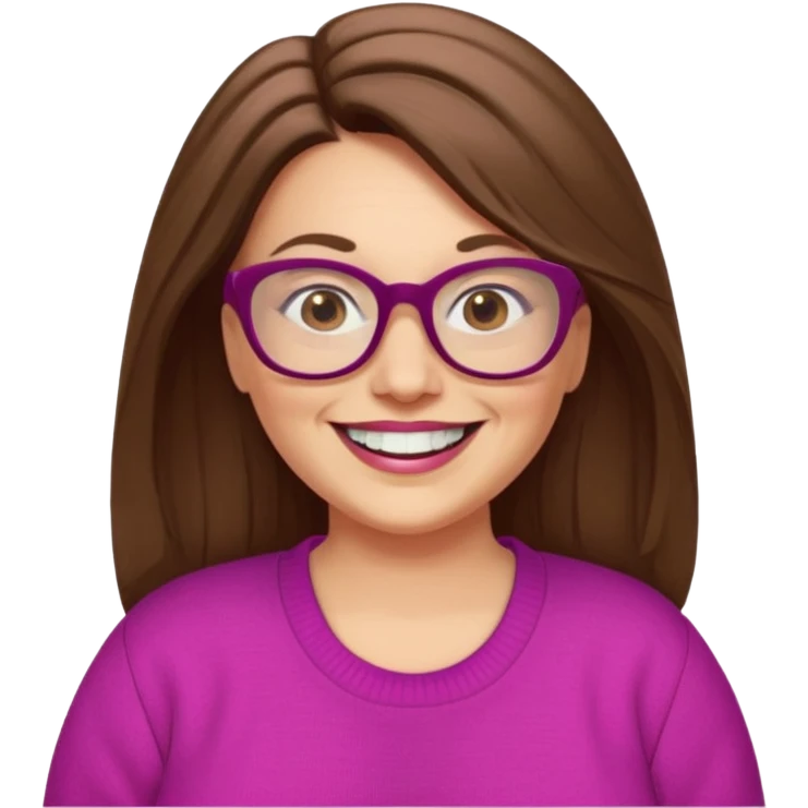 50 yr Caucasian woman, long brown hair parted on side, brown eyes, glasses, big smile, white teeth, fuscia sweater, chubby emoji